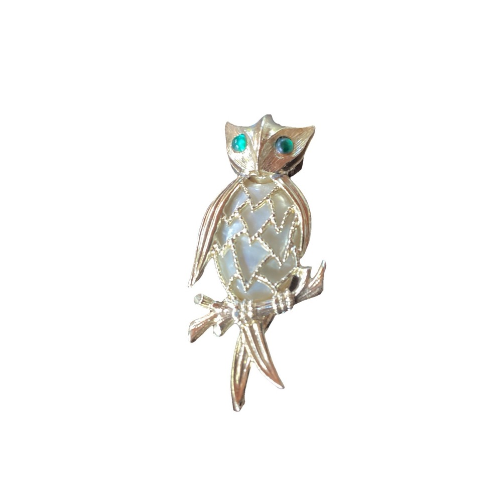 Vtg Owl Jelly Belly Mother of Pearl Green Eyes Rhinestone Gold Tone Brooch 2.5"